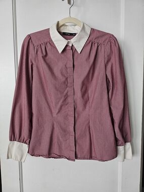 Burgundy Striped Button-Front Blouse with White Collar and Cuffs